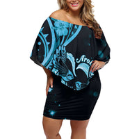 New Zealand Valentine Family Matching Off Shoulder Short Dress and Hawaiian Shirt Aroha Cyan Piwakawaka LT05 Mom's Dress Cyan - Polynesian Pride