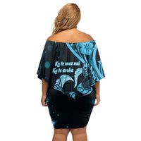 New Zealand Valentine Family Matching Off Shoulder Short Dress and Hawaiian Shirt Aroha Cyan Piwakawaka LT05 - Polynesian Pride