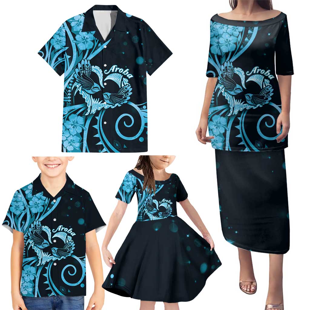 New Zealand Valentine Family Matching Puletasi and Hawaiian Shirt Aroha Cyan Piwakawaka LT05 - Polynesian Pride