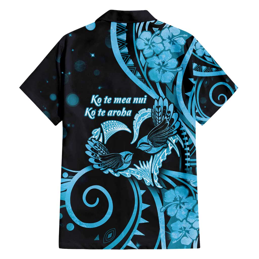 New Zealand Valentine Family Matching Puletasi and Hawaiian Shirt Aroha Cyan Piwakawaka LT05 - Polynesian Pride