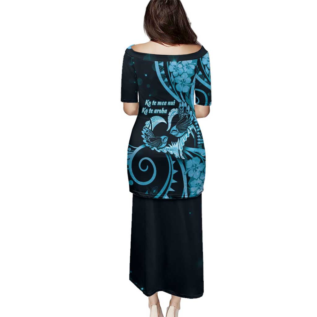 New Zealand Valentine Family Matching Puletasi and Hawaiian Shirt Aroha Cyan Piwakawaka LT05 - Polynesian Pride