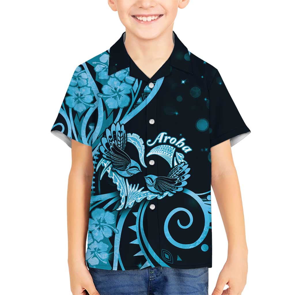 New Zealand Valentine Family Matching Puletasi and Hawaiian Shirt Aroha Cyan Piwakawaka LT05 Son's Shirt Cyan - Polynesian Pride
