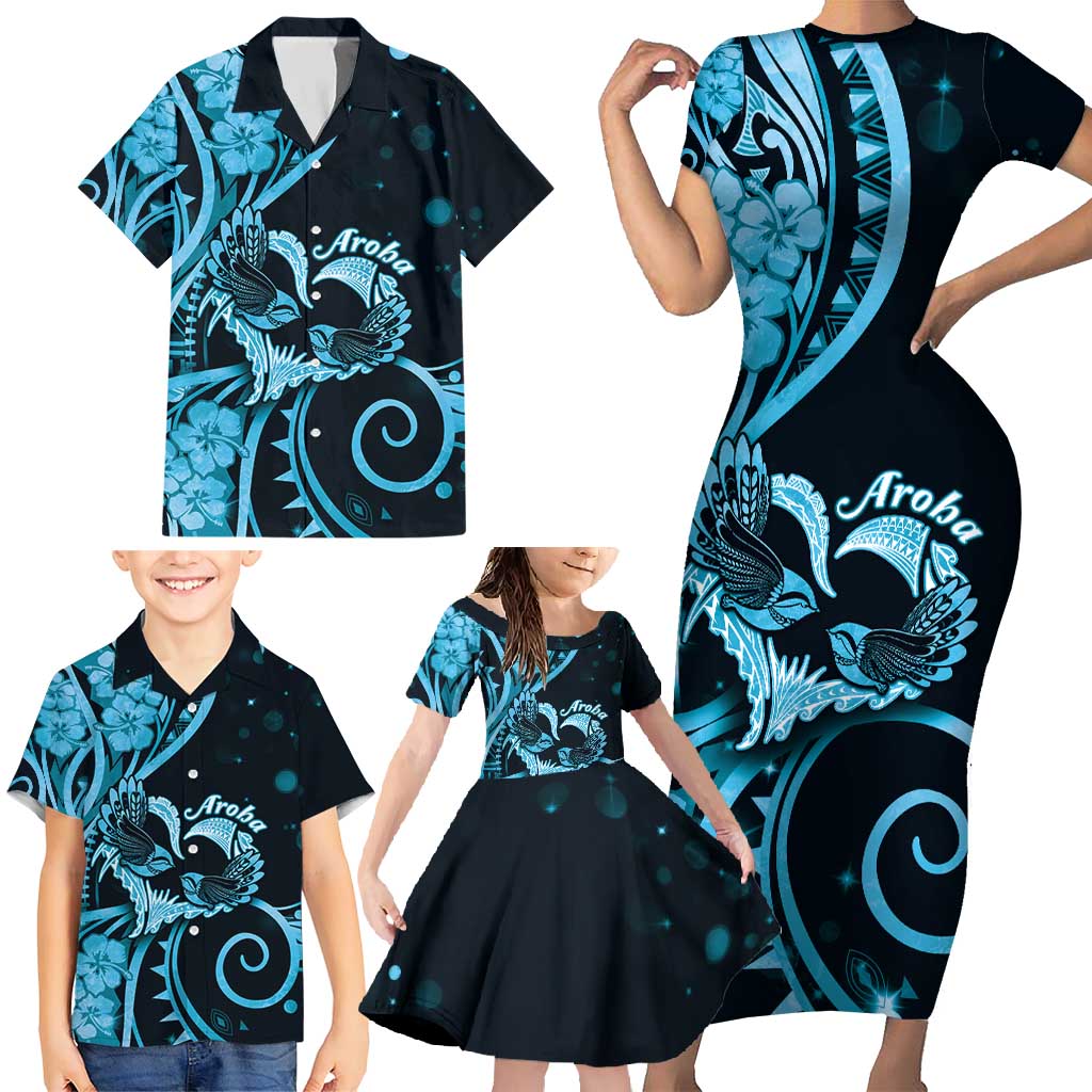 New Zealand Valentine Family Matching Short Sleeve Bodycon Dress and Hawaiian Shirt Aroha Cyan Piwakawaka LT05 - Polynesian Pride