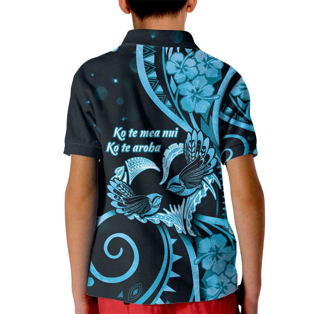 New Zealand Valentine Kid Polo Shirt Aroha Cyan Piwakawaka LT05 - Polynesian Pride