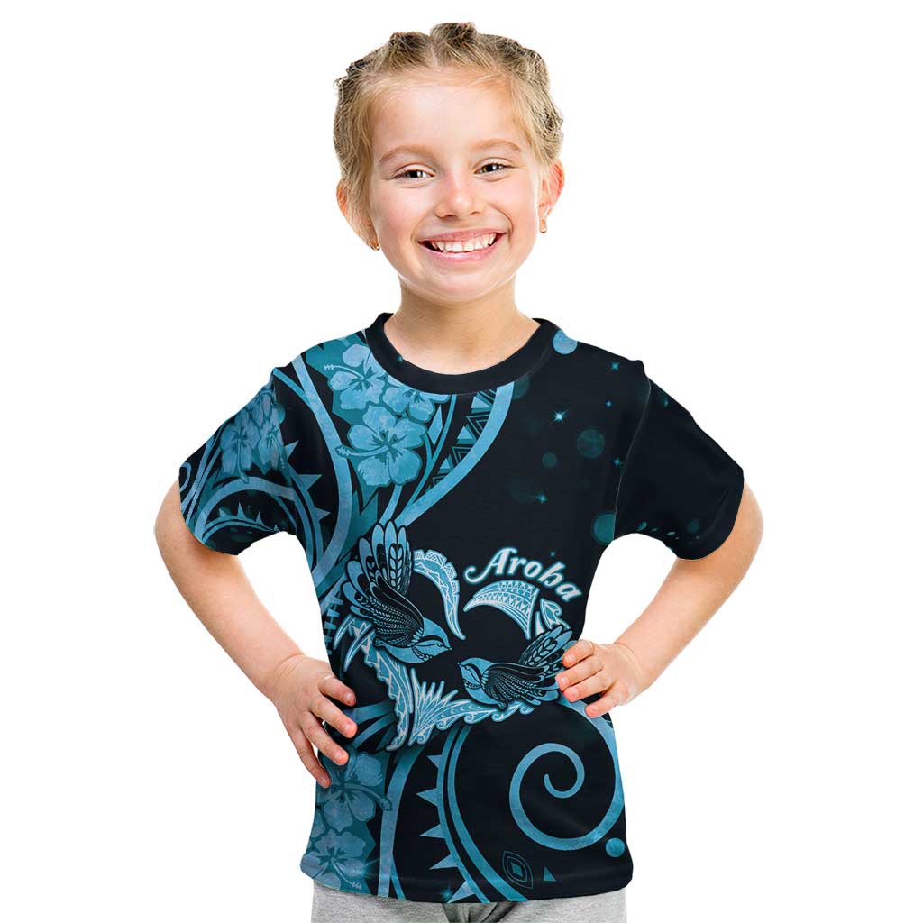 New Zealand Valentine Kid T Shirt Aroha Cyan Piwakawaka LT05 Cyan - Polynesian Pride
