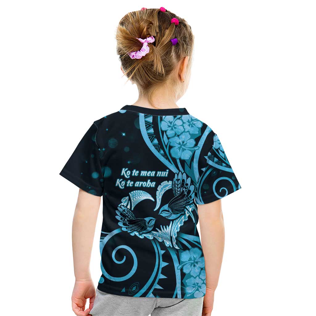New Zealand Valentine Kid T Shirt Aroha Cyan Piwakawaka LT05 - Polynesian Pride