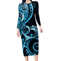 New Zealand Valentine Long Sleeve Bodycon Dress Aroha Cyan Piwakawaka