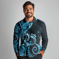 New Zealand Valentine Long Sleeve Polo Shirt Aroha Cyan Piwakawaka LT05 - Polynesian Pride