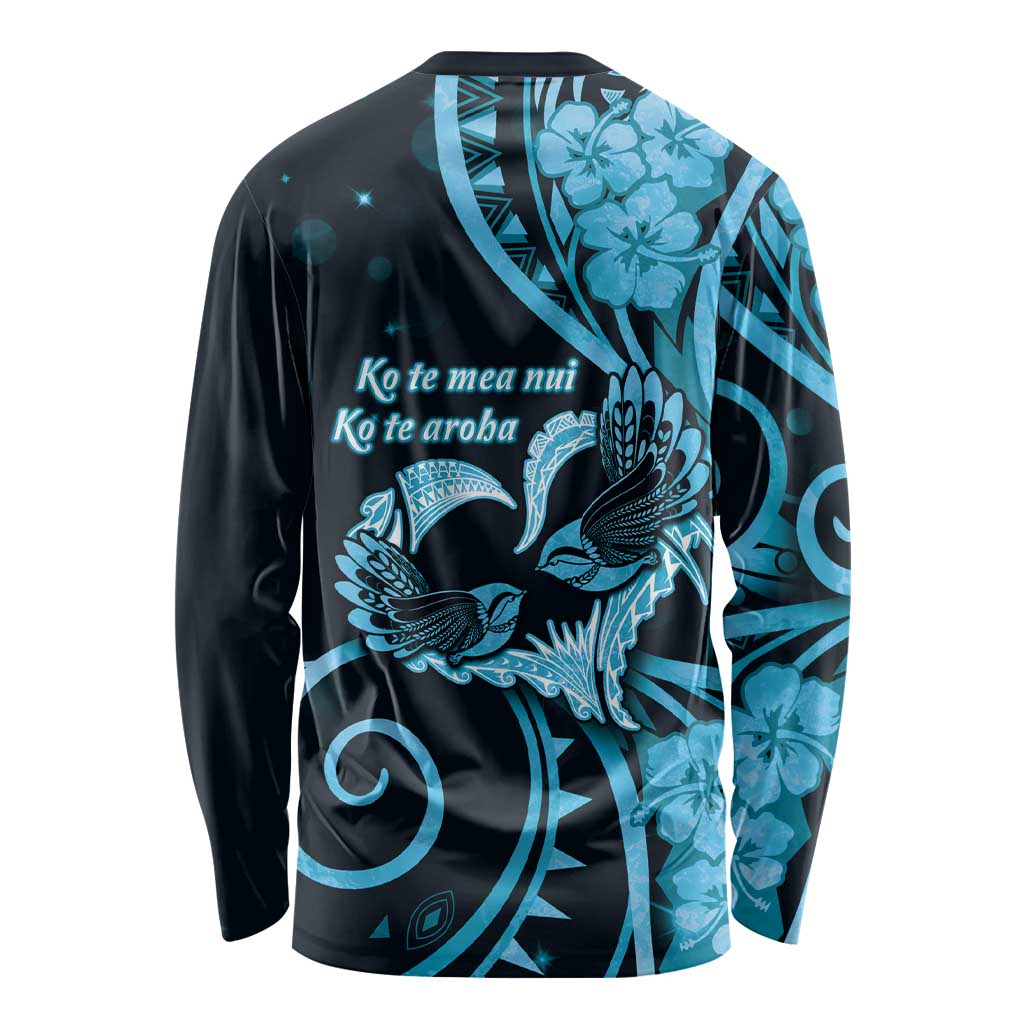 New Zealand Valentine Long Sleeve Shirt Aroha Cyan Piwakawaka LT05 - Polynesian Pride