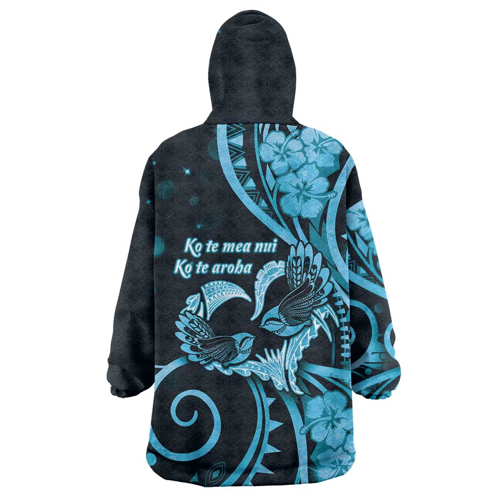 New Zealand Valentine Wearable Blanket Hoodie Aroha Cyan Piwakawaka LT05 - Polynesian Pride