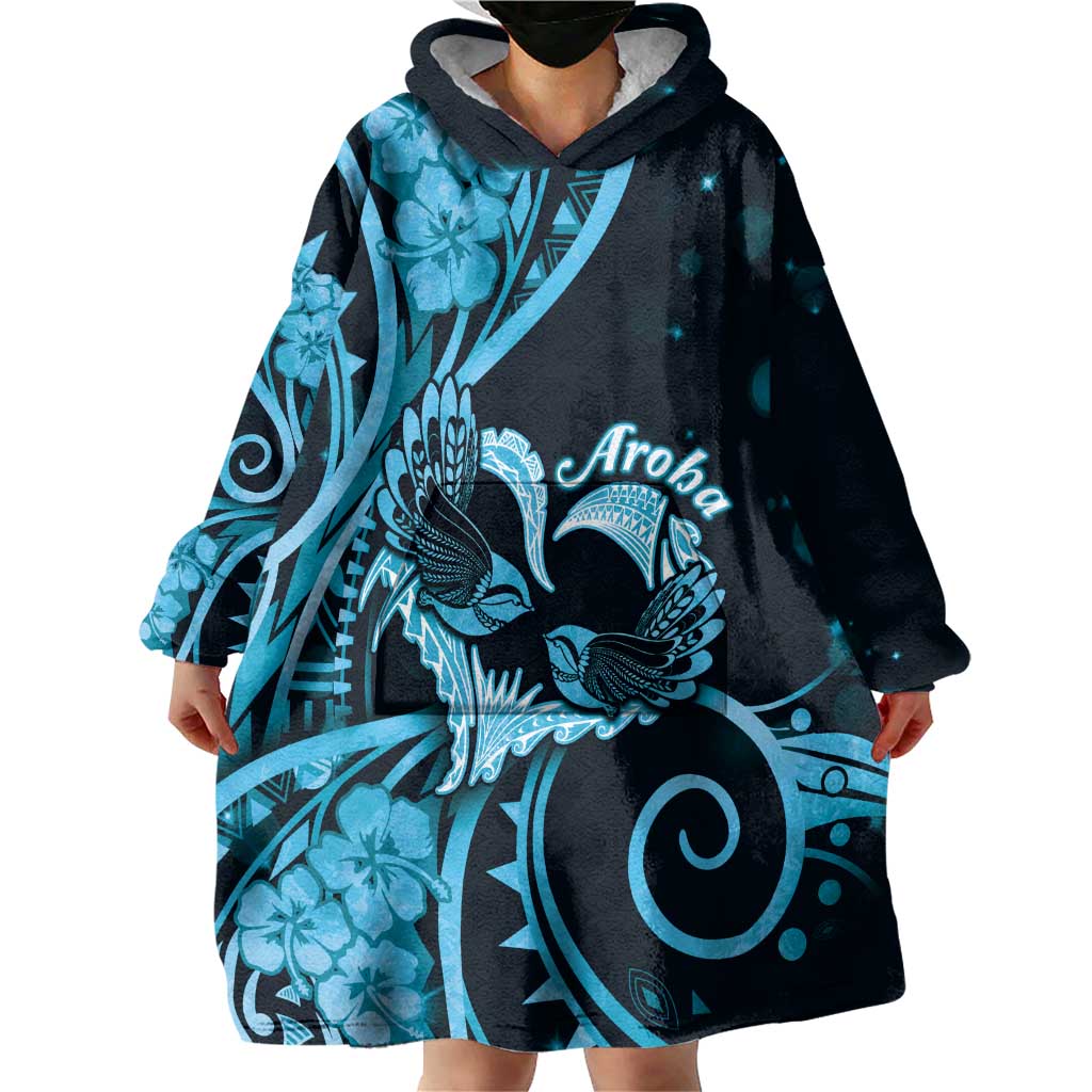 New Zealand Valentine Wearable Blanket Hoodie Aroha Cyan Piwakawaka LT05 - Polynesian Pride