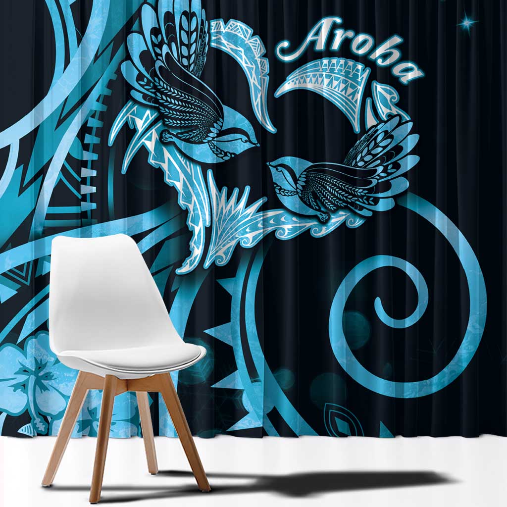 New Zealand Valentine Window Curtain Aroha Cyan Piwakawaka