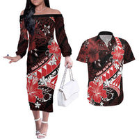Personalised Hawaii Valentine Day Couples Matching Off The Shoulder Long Sleeve Dress and Hawaiian Shirt Polynesian Hibiscus Art Style Red