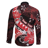 Personalised Hawaii Valentine Day Family Matching Off The Shoulder Long Sleeve Dress and Hawaiian Shirt Polynesian Hibiscus Art Style Red