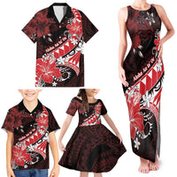 Personalised Hawaii Valentine Day Family Matching Tank Maxi Dress and Hawaiian Shirt Polynesian Hibiscus Art Style Red