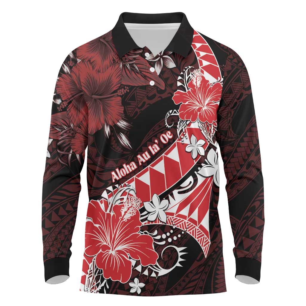 Personalised Hawaii Valentine Day Long Sleeve Polo Shirt Polynesian Hibiscus Art Style Red LT05 Red - Polynesian Pride
