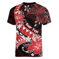 Personalised Hawaii Valentine Day Women V-Neck T-Shirt Polynesian Hibiscus Art Style Red LT05 - Polynesian Pride
