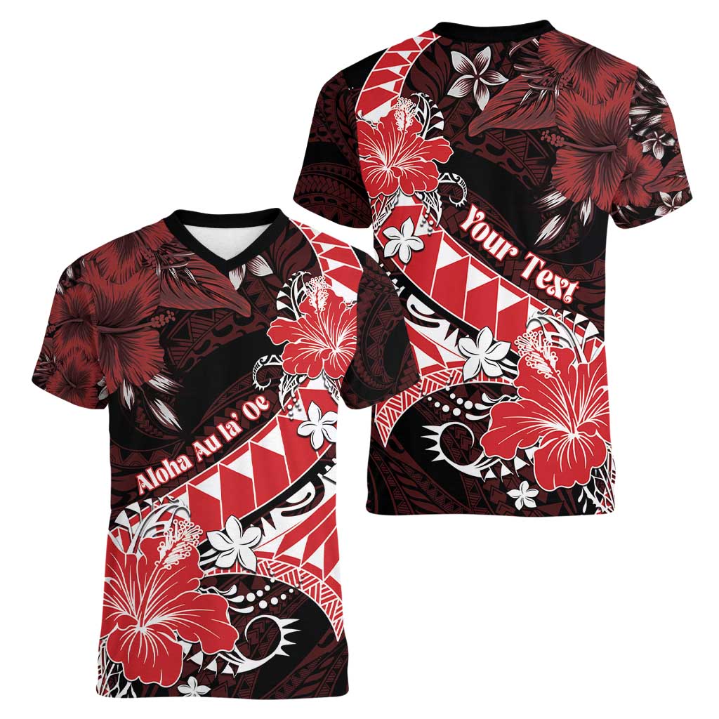 Personalised Hawaii Valentine Day Women V-Neck T-Shirt Polynesian Hibiscus Art Style Red LT05 - Polynesian Pride