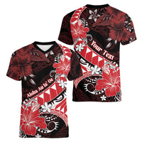 Personalised Hawaii Valentine Day Women V-Neck T-Shirt Polynesian Hibiscus Art Style Red LT05 - Polynesian Pride