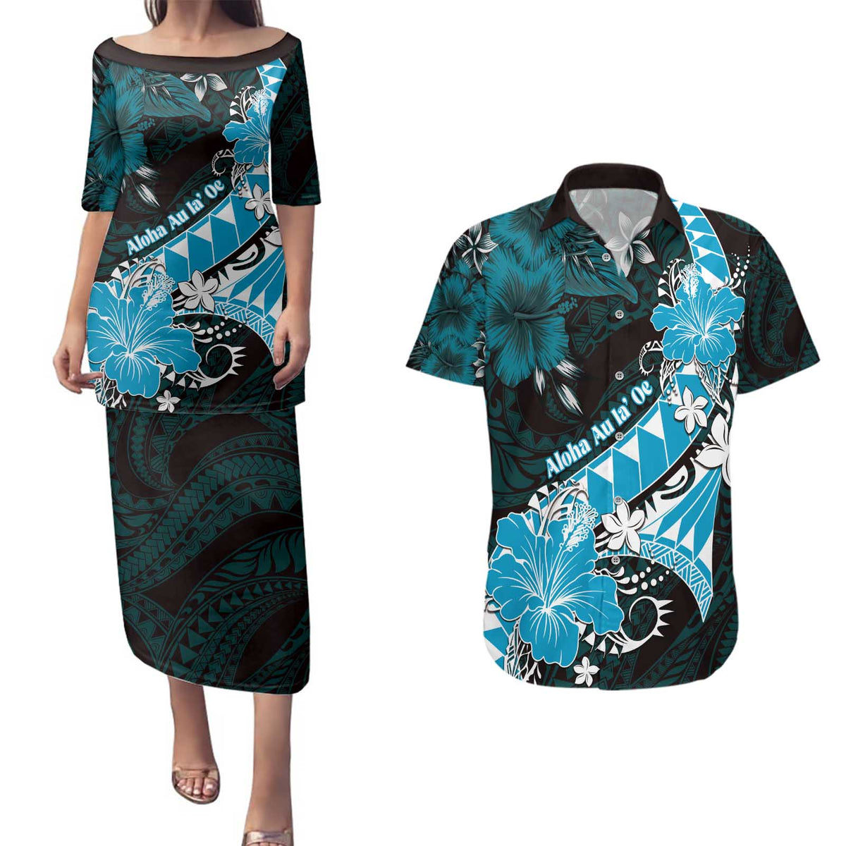 Personalised Hawaii Valentine Day Couples Matching Puletasi and Hawaiian Shirt Polynesian Hibiscus Art Style Turquoise LT05 Turquoise - Polynesian Pride