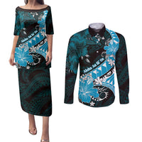 Personalised Hawaii Valentine Day Couples Matching Puletasi and Long Sleeve Button Shirt Polynesian Hibiscus Art Style Turquoise LT05 Turquoise - Polynesian Pride