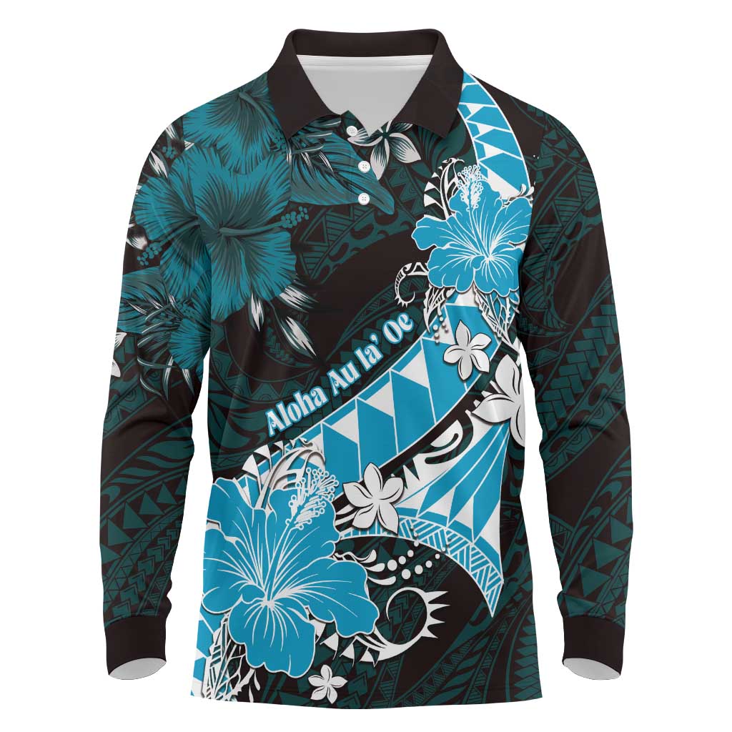 Personalised Hawaii Valentine Day Long Sleeve Polo Shirt Polynesian Hibiscus Art Style Turquoise LT05 Turquoise - Polynesian Pride