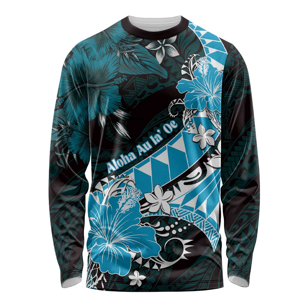 Personalised Hawaii Valentine Day Long Sleeve Shirt Polynesian Hibiscus Art Style Turquoise LT05 Unisex Turquoise - Polynesian Pride