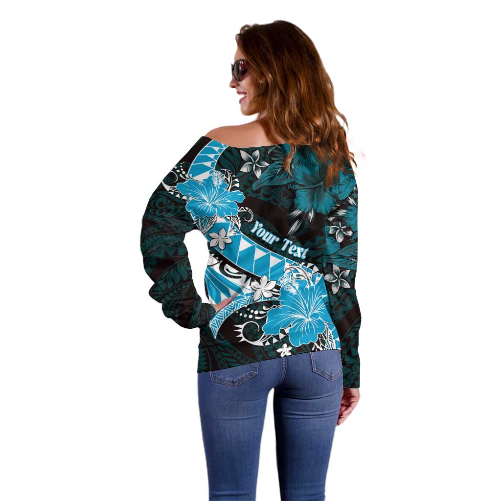 Personalised Hawaii Valentine Day Off Shoulder Sweater Polynesian Hibiscus Art Style Turquoise