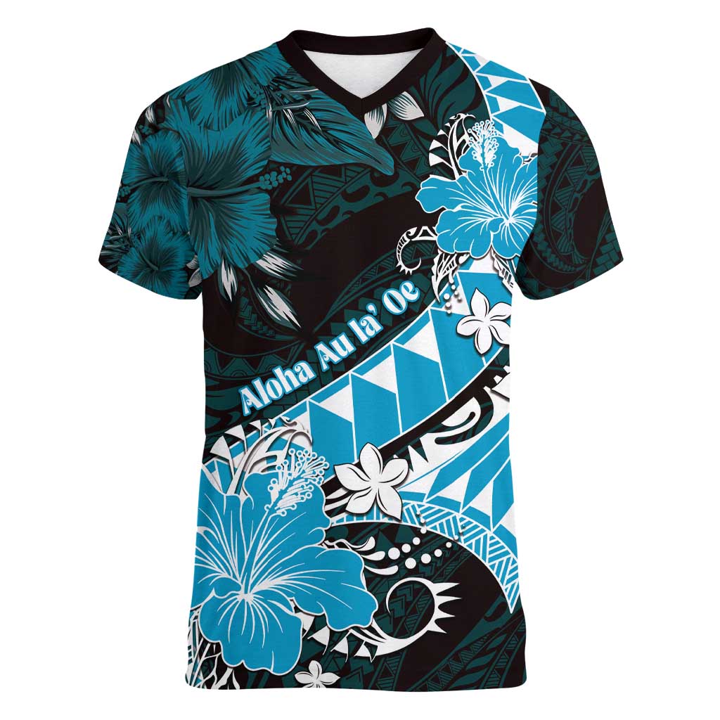 Personalised Hawaii Valentine Day Women V-Neck T-Shirt Polynesian Hibiscus Art Style Turquoise LT05 Female Turquoise - Polynesian Pride