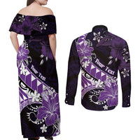 Personalised Hawaii Valentine Day Couples Matching Off Shoulder Maxi Dress and Long Sleeve Button Shirt Polynesian Hibiscus Art Style Purple