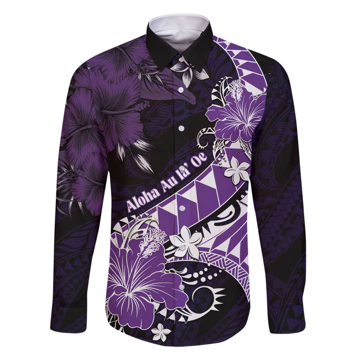 Personalised Hawaii Valentine Day Family Matching Off The Shoulder Long Sleeve Dress and Hawaiian Shirt Polynesian Hibiscus Art Style Purple
