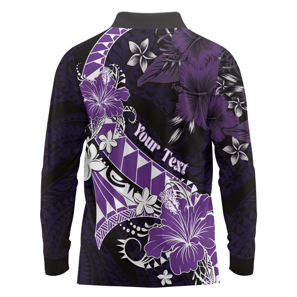 Personalised Hawaii Valentine Day Long Sleeve Polo Shirt Polynesian Hibiscus Art Style Purple LT05 - Polynesian Pride