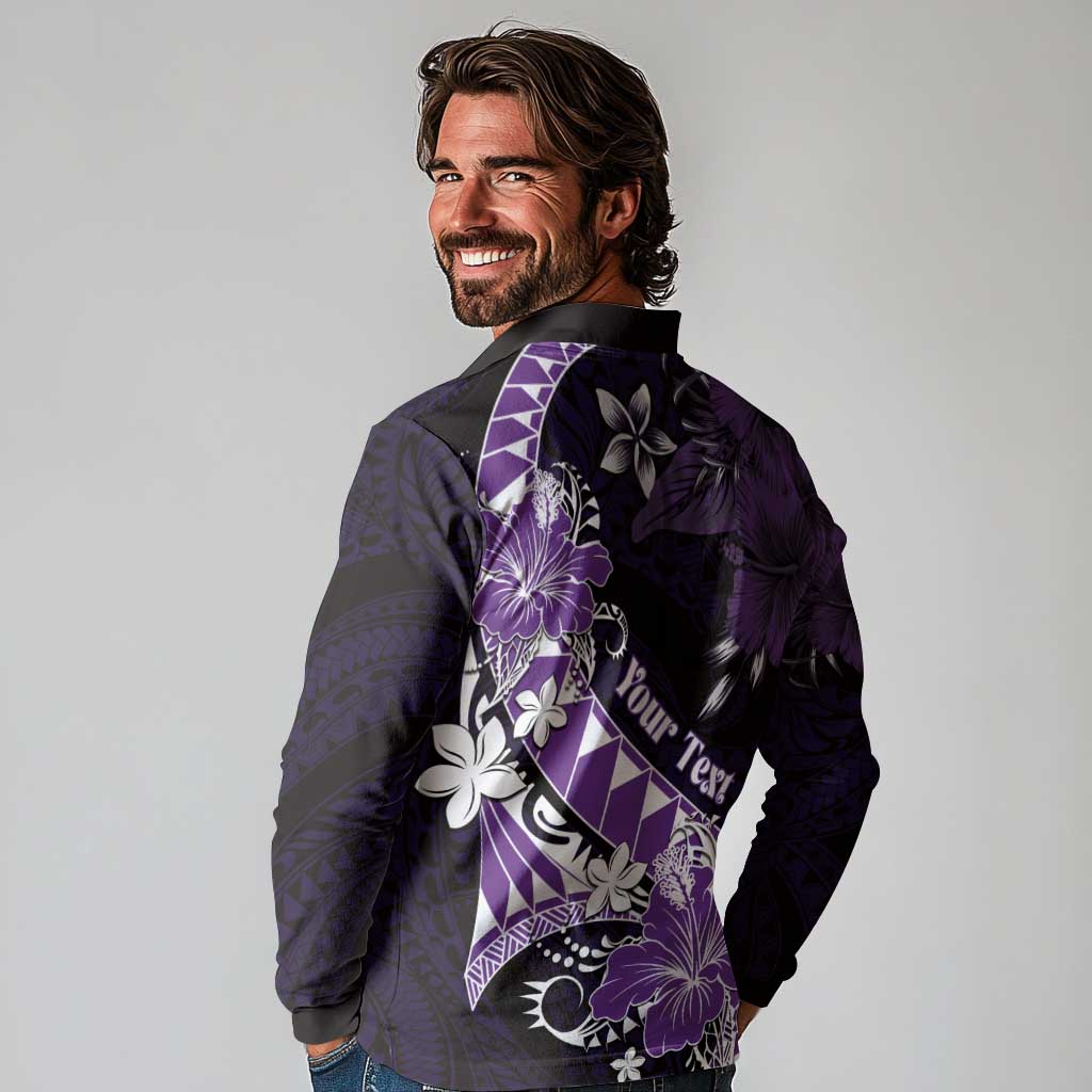 Personalised Hawaii Valentine Day Long Sleeve Polo Shirt Polynesian Hibiscus Art Style Purple LT05 - Polynesian Pride