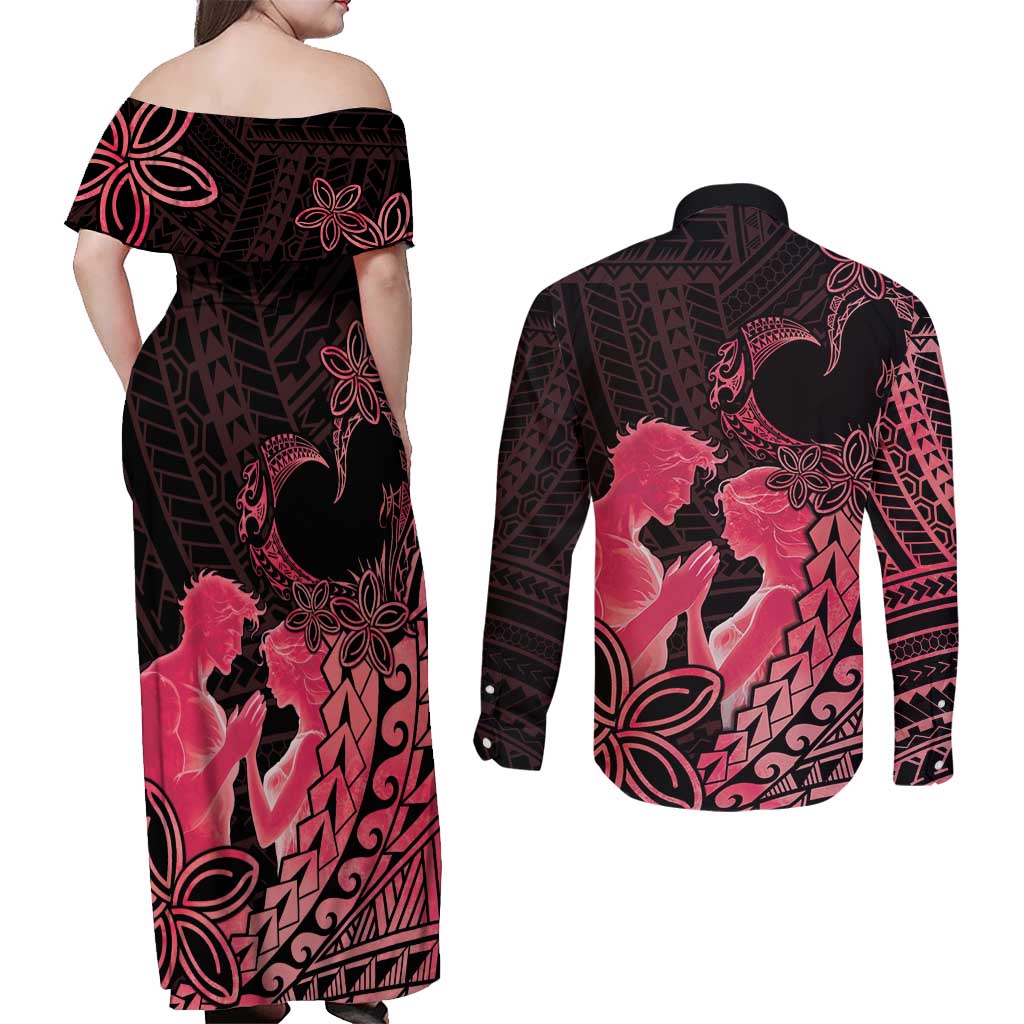 Alofa Samoa Valentine Red Couples Matching Off Shoulder Maxi Dress and Long Sleeve Button Shirt Love Is The Greatest Thing