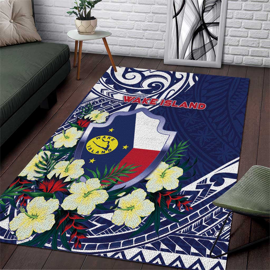 Wake Island Area Rug Tribal Pattern With Hibiscus Flowers