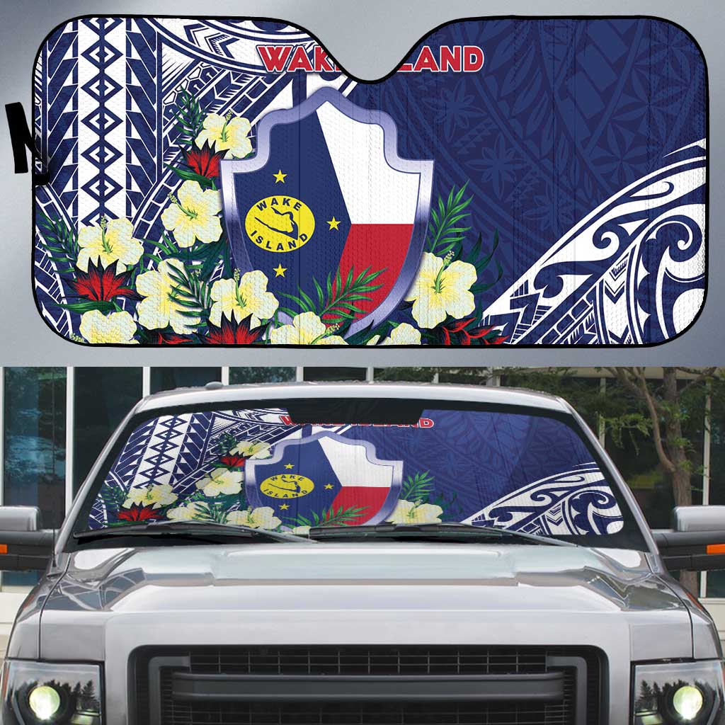 Wake Island Auto Sun Shade Tribal Pattern With Hibiscus Flowers