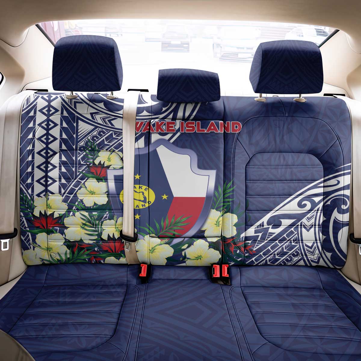 Wake Island Back Car Seat Cover Tribal Pattern With Hibiscus Flowers
