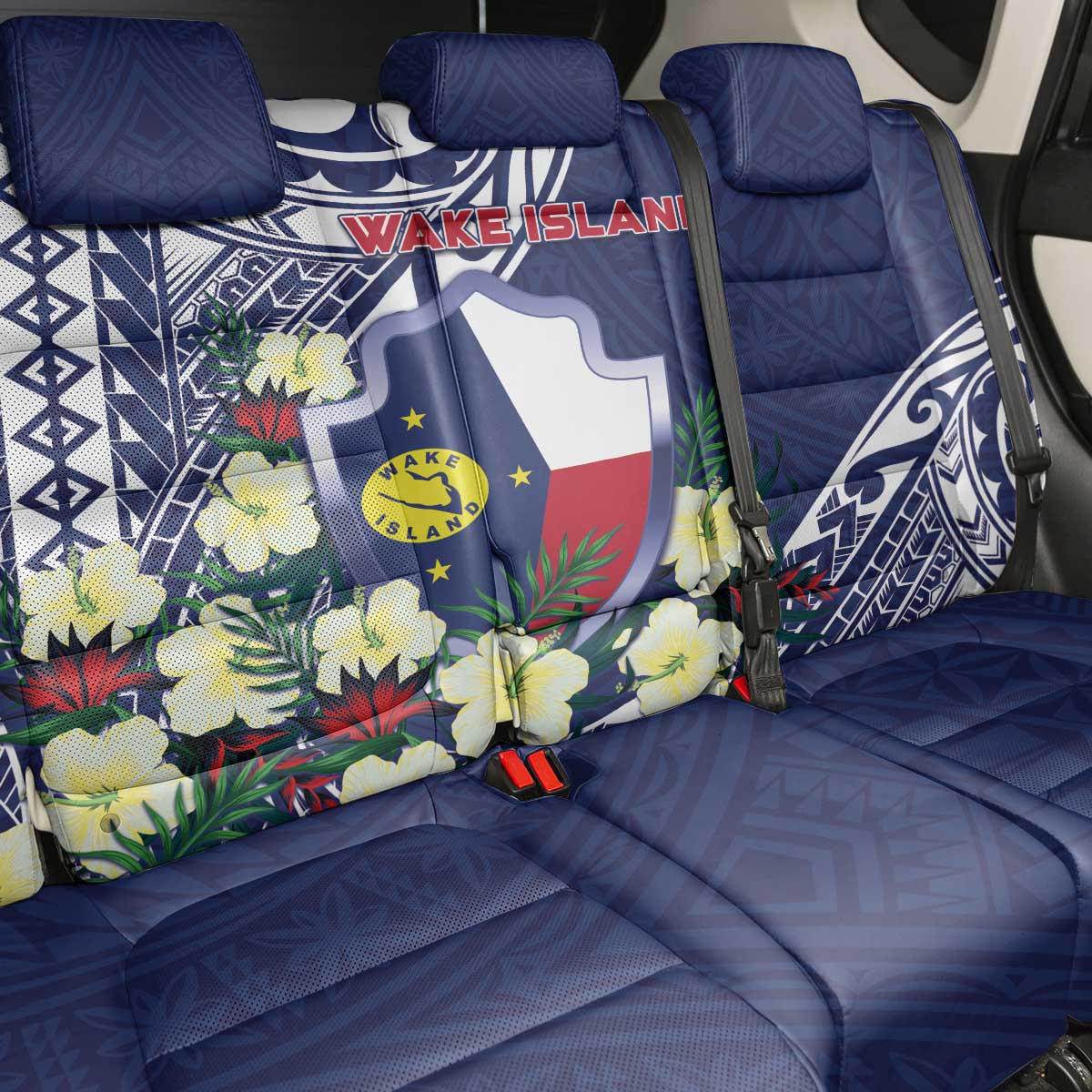 Wake Island Back Car Seat Cover Tribal Pattern With Hibiscus Flowers