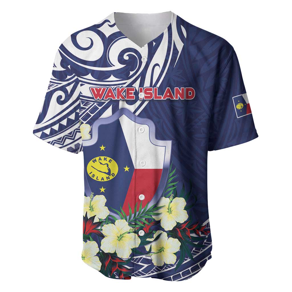 Personalised Wake Island Baseball Jersey Tribal Pattern With Hibiscus Flowers