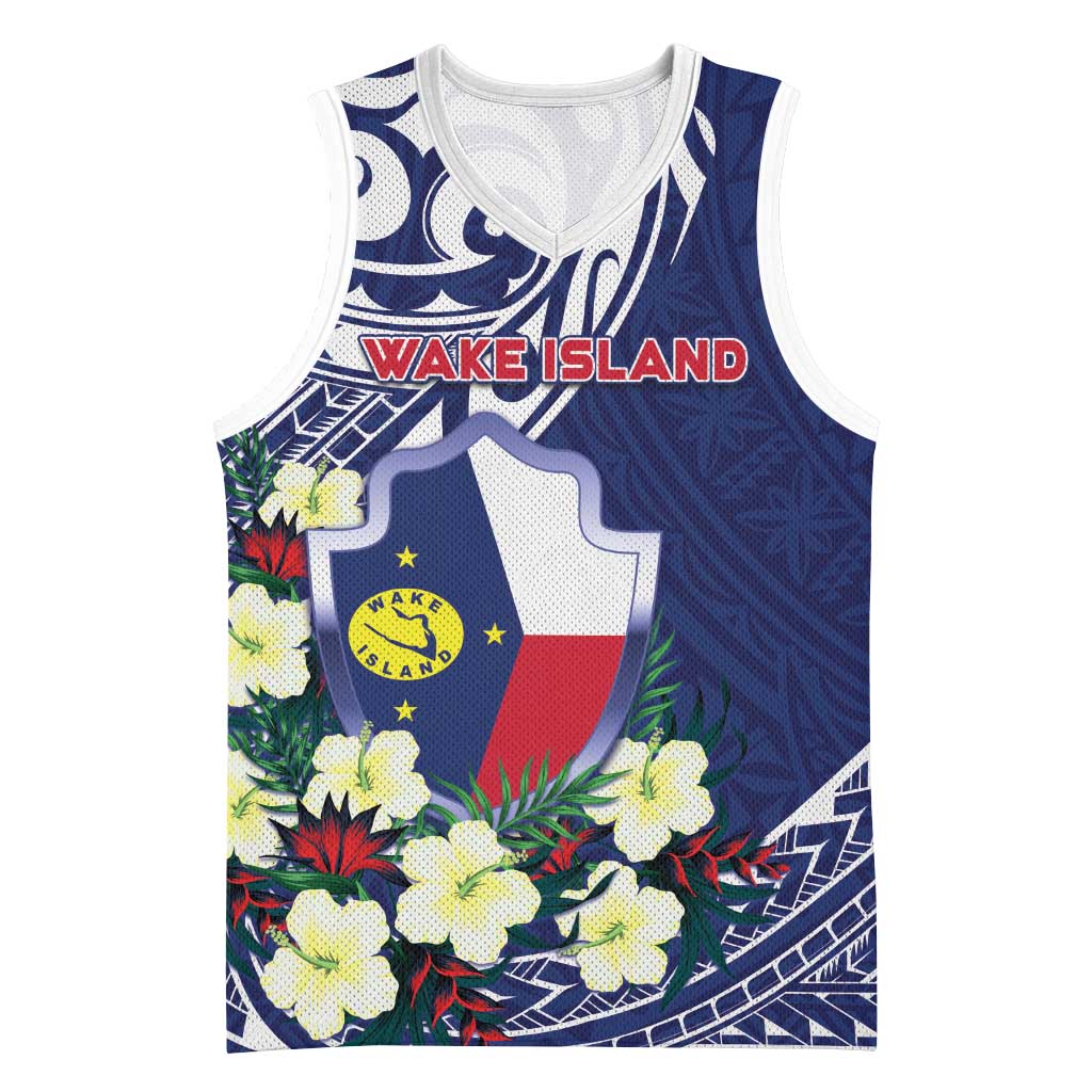 Personalised Wake Island Basketball Jersey Tribal Pattern With Hibiscus Flowers
