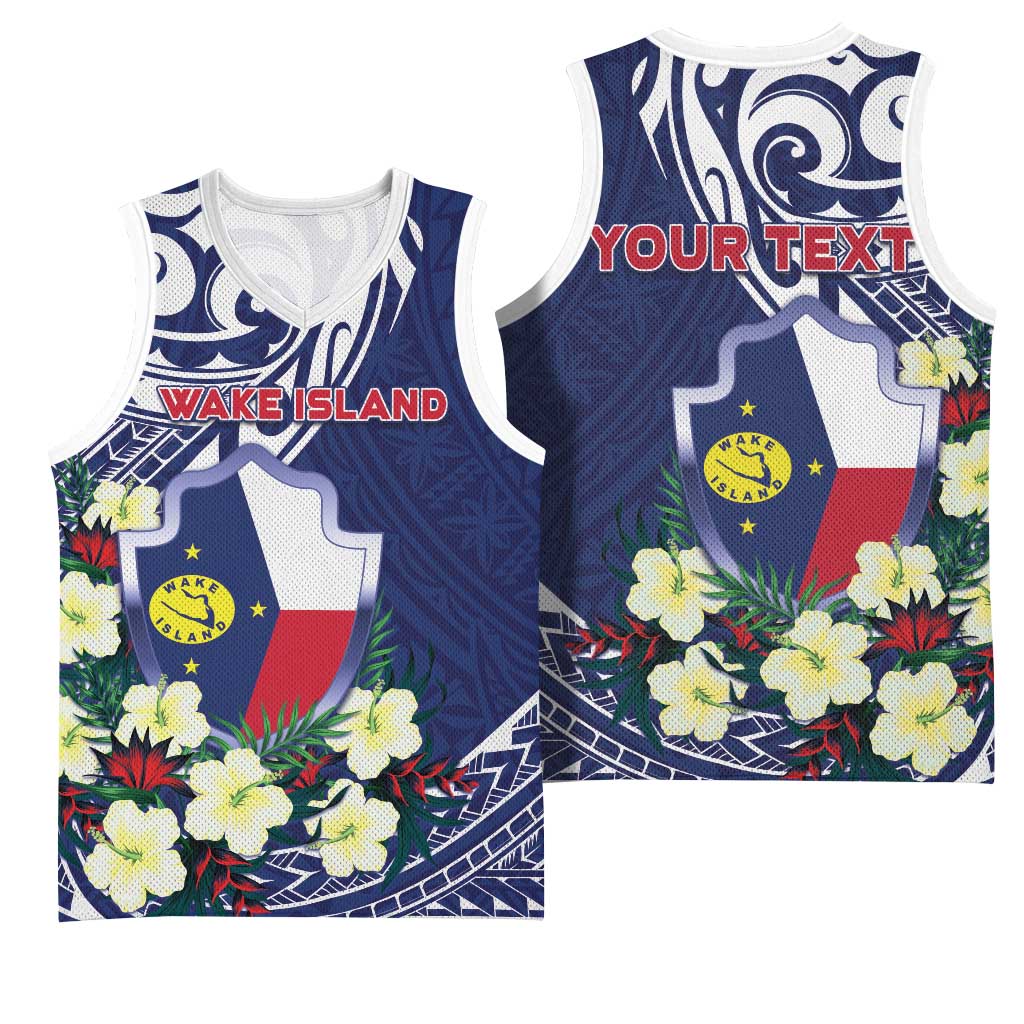 Personalised Wake Island Basketball Jersey Tribal Pattern With Hibiscus Flowers