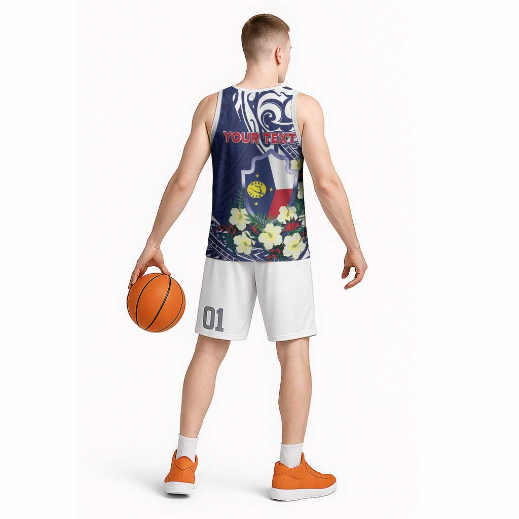 Personalised Wake Island Basketball Jersey Tribal Pattern With Hibiscus Flowers