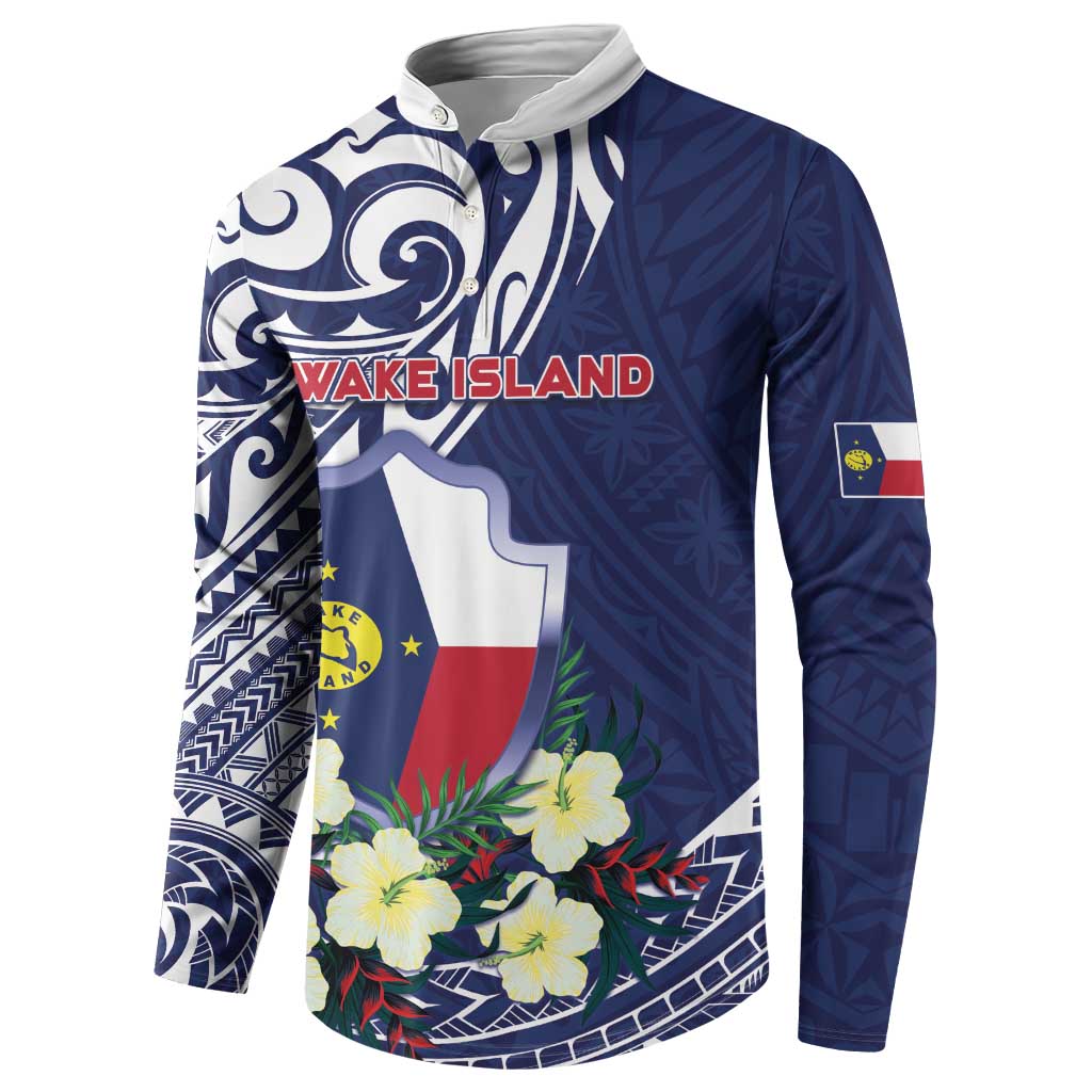 Personalised Wake Island Button Sweatshirt Tribal Pattern With Hibiscus Flowers