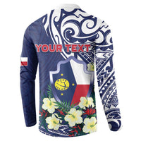 Personalised Wake Island Button Sweatshirt Tribal Pattern With Hibiscus Flowers