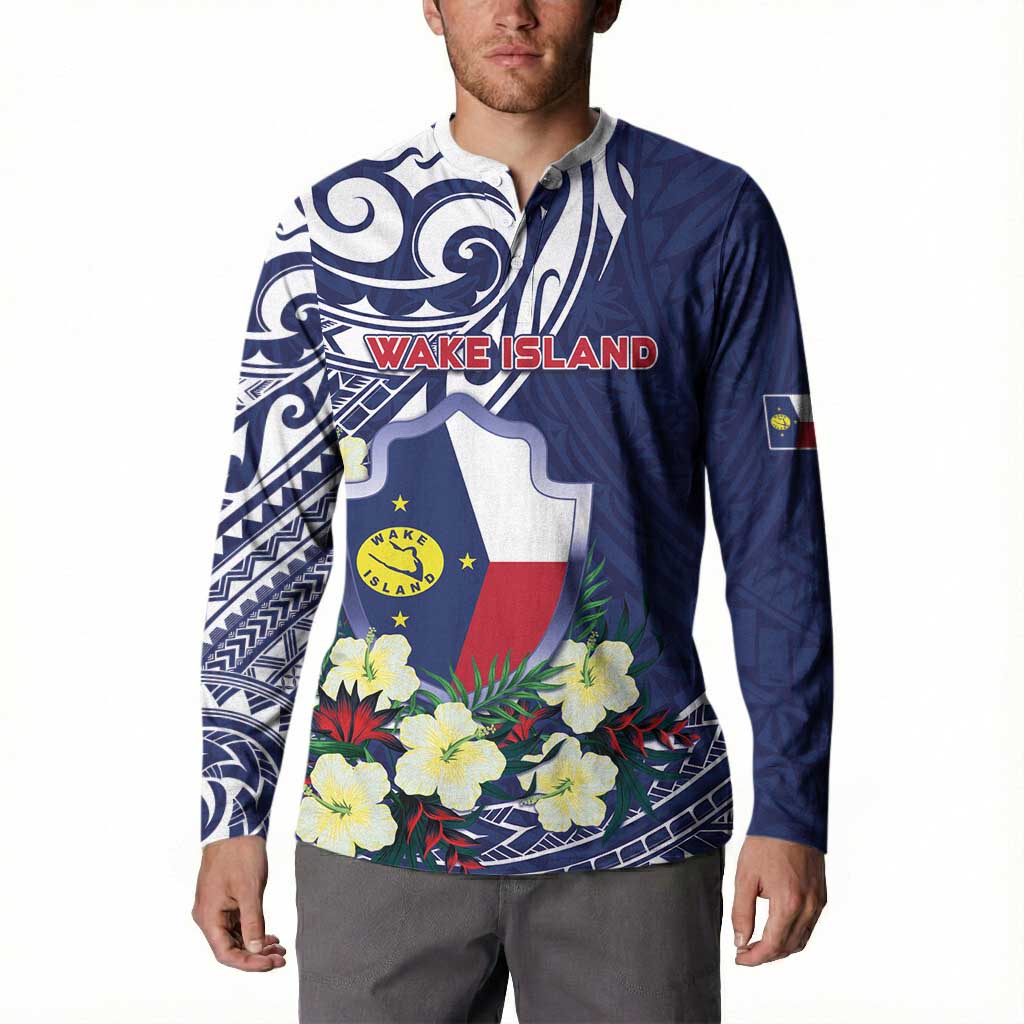 Personalised Wake Island Button Sweatshirt Tribal Pattern With Hibiscus Flowers