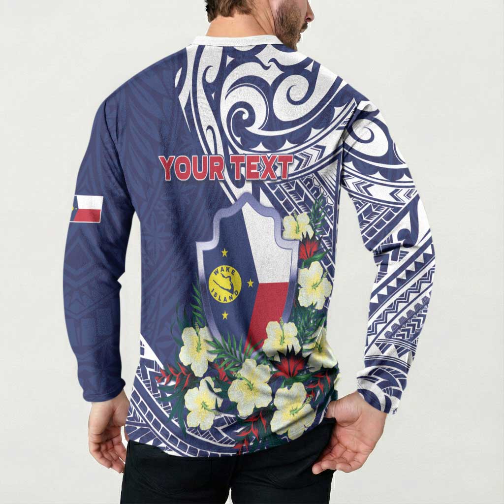 Personalised Wake Island Button Sweatshirt Tribal Pattern With Hibiscus Flowers