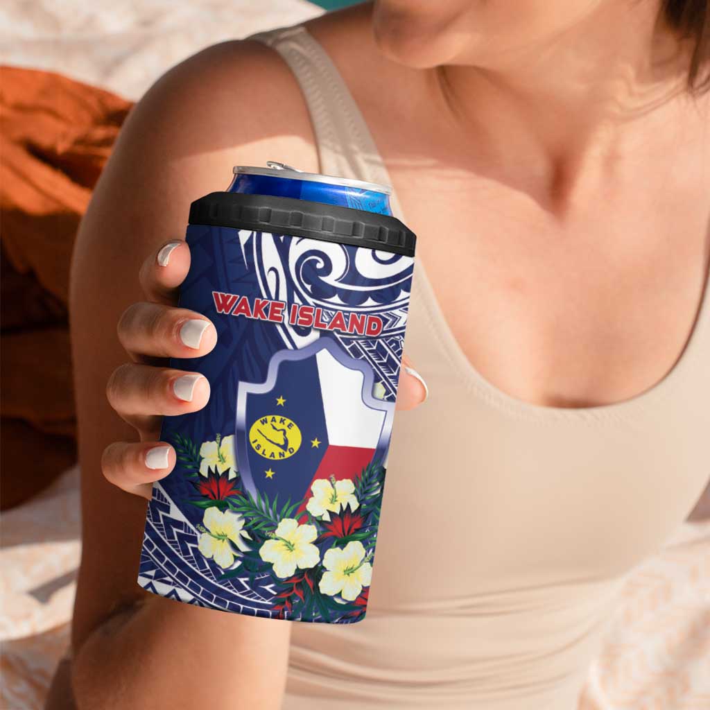 Personalised Wake Island 4 in 1 Can Cooler Tumbler Tribal Pattern With Hibiscus Flowers