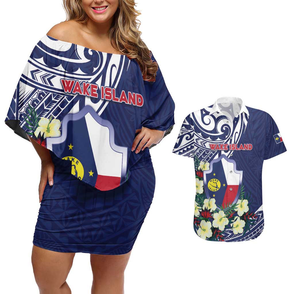Personalised Wake Island Couples Matching Off Shoulder Short Dress and Hawaiian Shirt Tribal Pattern With Hibiscus Flowers LT05 Blue - Polynesian Pride
