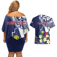 Personalised Wake Island Couples Matching Off Shoulder Short Dress and Hawaiian Shirt Tribal Pattern With Hibiscus Flowers LT05 - Polynesian Pride