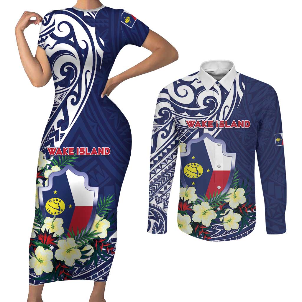 Personalised Wake Island Couples Matching Short Sleeve Bodycon Dress and Long Sleeve Button Shirt Tribal Pattern With Hibiscus Flowers LT05 Blue - Polynesian Pride